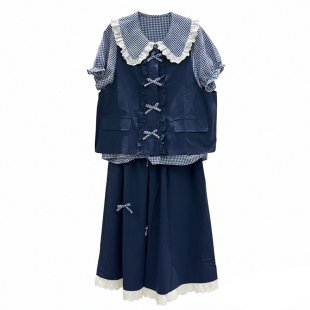 韩版学院风娃娃领格子短袖马甲蝴蝶结中长裙女显白三件套装2026夏