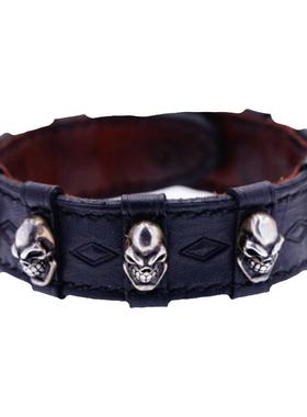 渡鸦欧美原创纯银骷髅手工皮手环