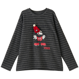 女大童加绒条纹T恤2025冬季新款少女慵懒保暖长袖上衣亲子打底衫