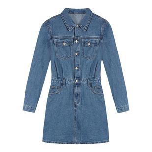MULVAN 【现货6.5折】蓝色牛仔连衣裙女港风复古气质收腰包臀短裙