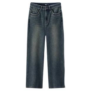 森马牛仔裤女冬季加绒做旧长裤2025新款舒适保暖阔腿裤商场同款