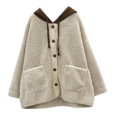 撞色连帽羊羔毛外套保暖上衣