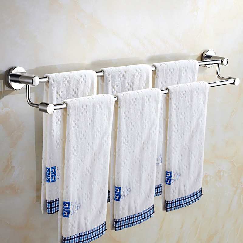 304不锈钢毛巾杆毛巾架卫生间免打孔双杆打孔浴室置物架加长挂杆