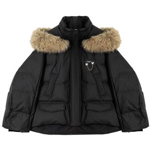 KEIKO 可卸大毛领连帽黑色短款羽绒服女25冬季肌理感90白鸭绒外套