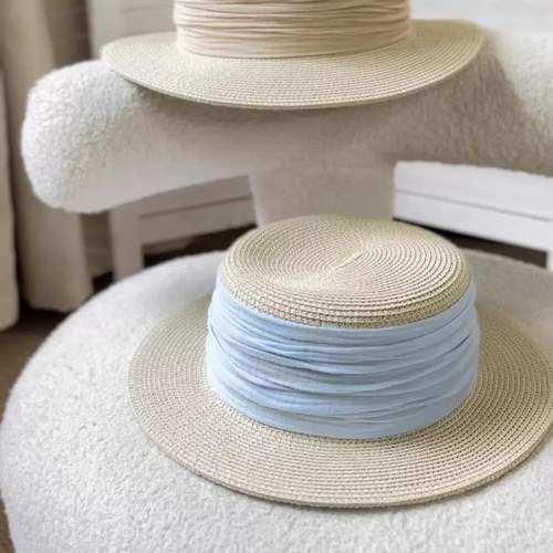夏季小清新太阳帽子温柔法式女高级礼帽防晒遮阳帽蓝色草帽感平顶