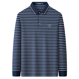 [长绒棉/双面珠花]梦特娇秋季男长袖polo衫翻领条纹T恤柔软亲肤J