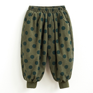 砚台家童装儿童波点裤冬季女童加绒加厚束脚裤宝宝春秋灯芯绒裤子