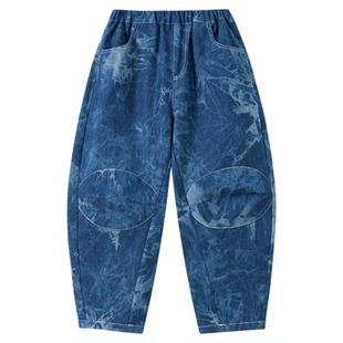 漫画家【水墨牛仔】儿童牛仔裤靛蓝水墨手工扎染工装牛仔裤男