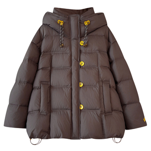 黄色果冻连帽方格面包羽绒服女中长款2025冬季新爆款加厚保暖外套