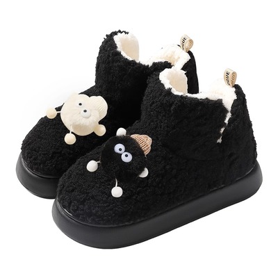 可爱黑白煤球高帮棉拖鞋外穿厚底