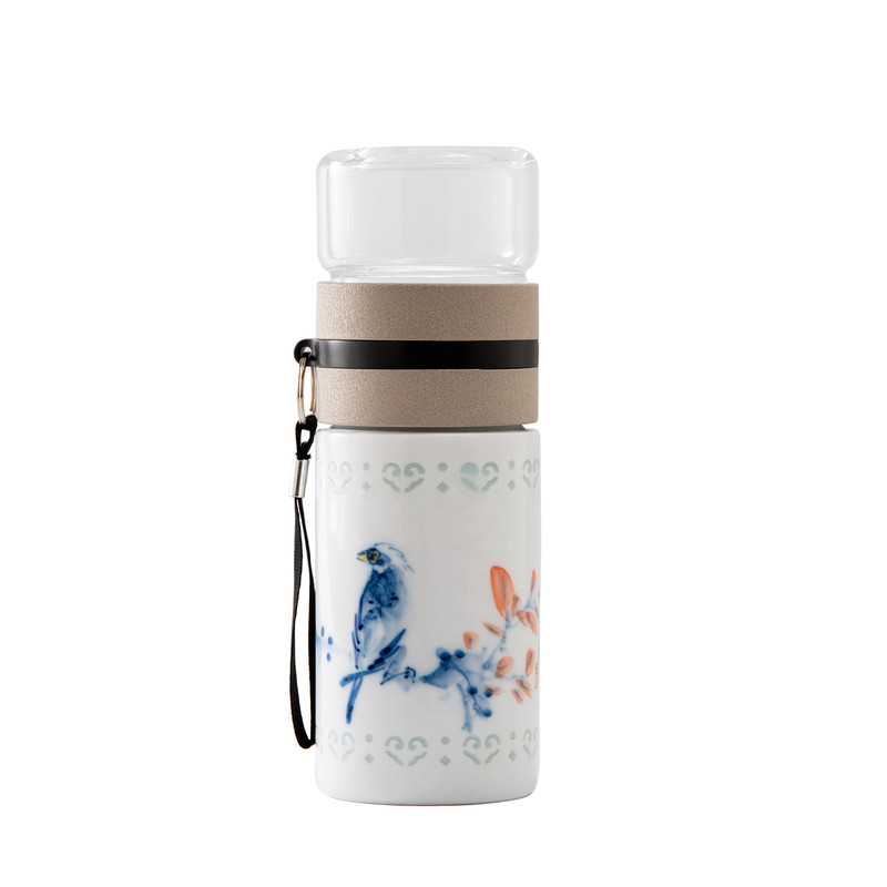 跨包杯套景德镇陶瓷内胆手绘玲珑茶水分离带过滤泡茶便携礼品水杯
