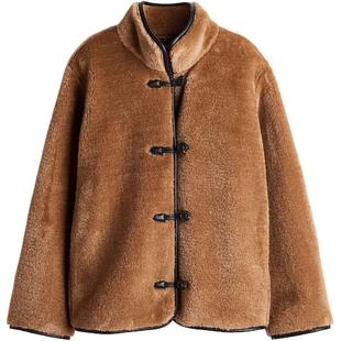 HM女装短外套冬季立领宽松时尚休闲毛茸保暖开衫1246402