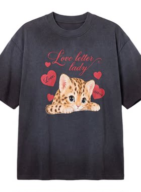 周里物/蓝灰色软萌爱心猫印花t恤女2026夏季新款宽松减龄百搭短袖