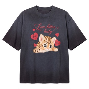 周里物/蓝灰色软萌爱心猫印花t恤女2026夏季新款宽松减龄百搭短袖