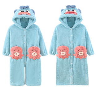 卡通一袍两穿儿童睡衣女童连体睡袍秋冬珊瑚法兰绒女孩亲子家居服