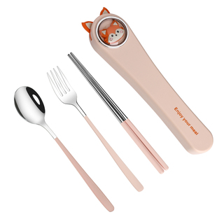 304不锈钢儿童筷子勺子便携餐具套装一人用小学生可爱卡通收纳盒