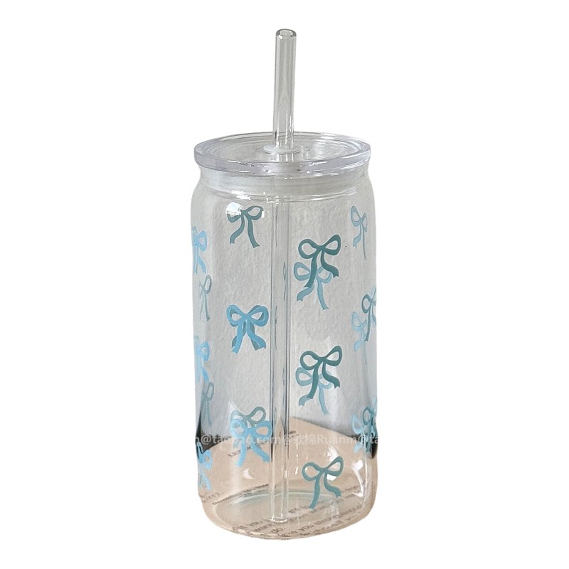 可爱卡通蓝色蝴蝶结玻璃吸管杯大容量咖啡杯水杯清新随手杯果汁杯
