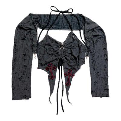 欧美朋克破洞十字架两件套