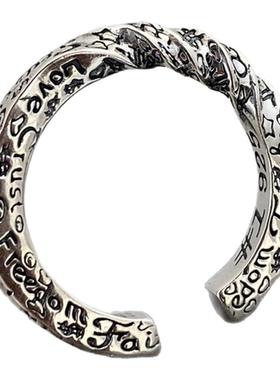 男925纯银复古涂鸦字母开口戒指