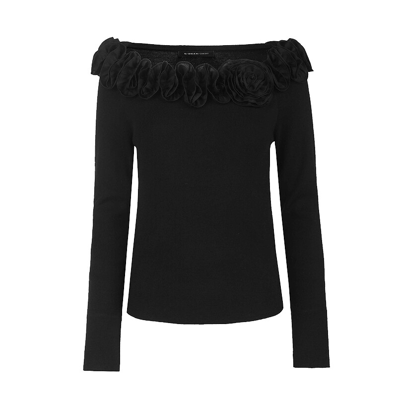 sdeer圣迪奥女装优雅一字肩花朵装饰修身针织衫