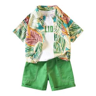 法国ANSEOLA男童夏季套装港风儿童花衬衫男孩短袖沙滩衣服三件套