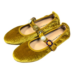 图巴客法式串珠玛丽珍鞋女姜黄色一字带平底休闲百搭浅口单鞋舒适