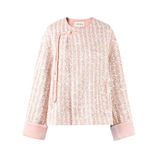 秋水伊人新中式盘扣圆领短外套2025冬新款女亮片设计小众国风上衣