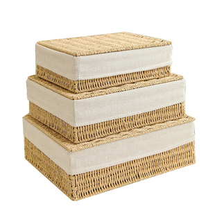 桌面化妆品收纳盒编织收纳筐茶几零食收纳盒带盖内衣整理储物箱子