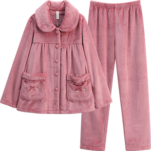 芬腾睡衣女秋冬季珊瑚绒套装加绒加厚女款法兰绒休闲加大码家居服