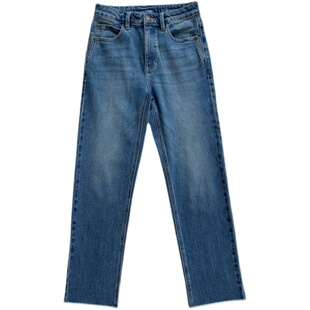 春夏复古小众博主中高腰弹力直筒法式牛仔裤毛边九分法棍裤长裤女