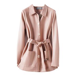 绵羊皮外套女中长款翻领系带收腰气质海宁真皮秋冬新款皮衣小个子