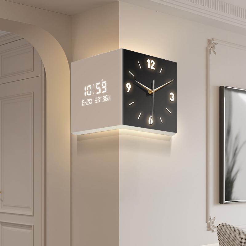 客厅转角时钟双面挂钟2025新款万年历电子钟黑白简约拐角钟表挂墙