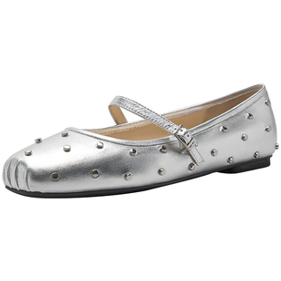 Nine West/玖熙2026年春季新款玛丽珍鞋女方头复古波点铆钉平底鞋