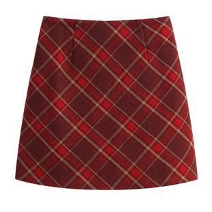 大码红色圣诞格子毛呢半身裙女秋冬高腰显瘦a字裙小个子包臀短裙