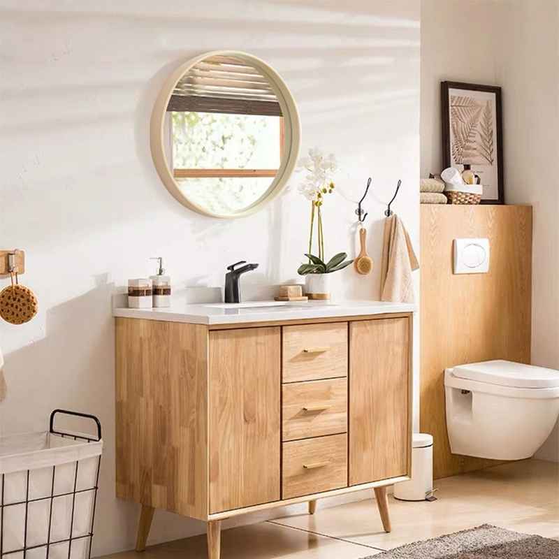 现代简约化妆镜壁挂镜实木圆形浴室镜子卫生间挂墙式洗手间梳妆镜