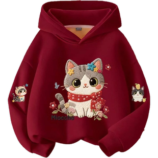 女童冬款拜年服连帽卫衣2026新款儿童红色加绒帽衫女孩休闲上衣潮