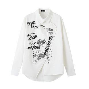 YUKAHOUSE 字母涂鸦衬衫原创设计感白色长袖上衣个性外套春夏款