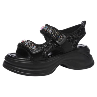 星期六黑色厚底凉鞋女款新款夏季时尚亮片休闲魔术贴松糕女鞋