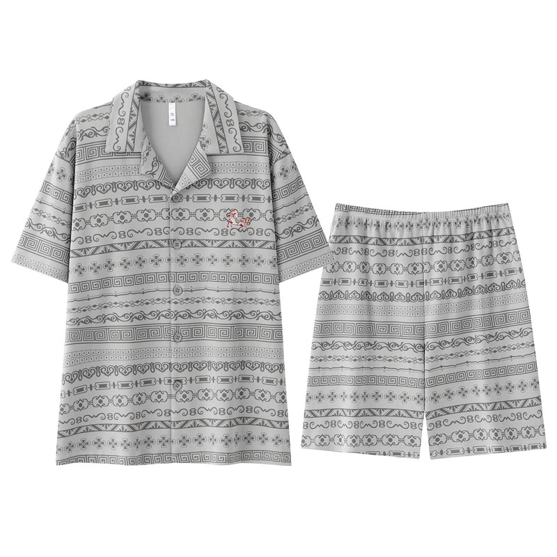 夏季男士纯棉短袖开衫家居服套装
