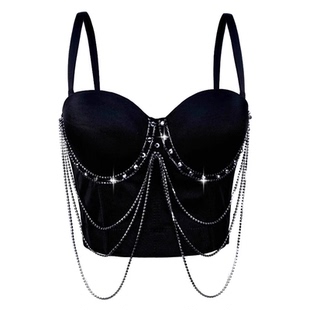 重工钉水钻链条流苏外穿鱼骨胸衣背心吊带短款上衣抹胸性感辣妹夏