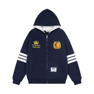 Amoeba美式复古条纹拼接字母印花内衬连帽卫衣春款宽松拉链外套