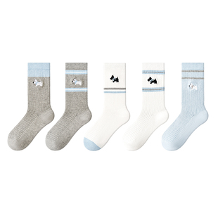 派米刺绣灰色袜子女夏薄款中筒袜卡通可爱小狗条纹无骨袜堆堆袜棉