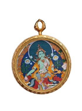 藏式唐卡绿度母吊坠扎基拉姆黄财神大黑天小唐卡佛牌吊坠项链挂绳