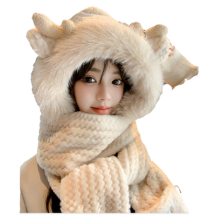 鹿角帽子秋冬季百搭女可爱毛绒围巾手套连帽保暖围脖一体三件套厚