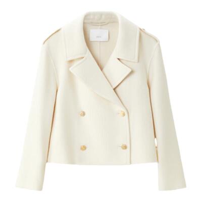 OVV Outlet 秋冬新款女船锚纽扣双排扣工装风斜纹丝羊毛短款大衣