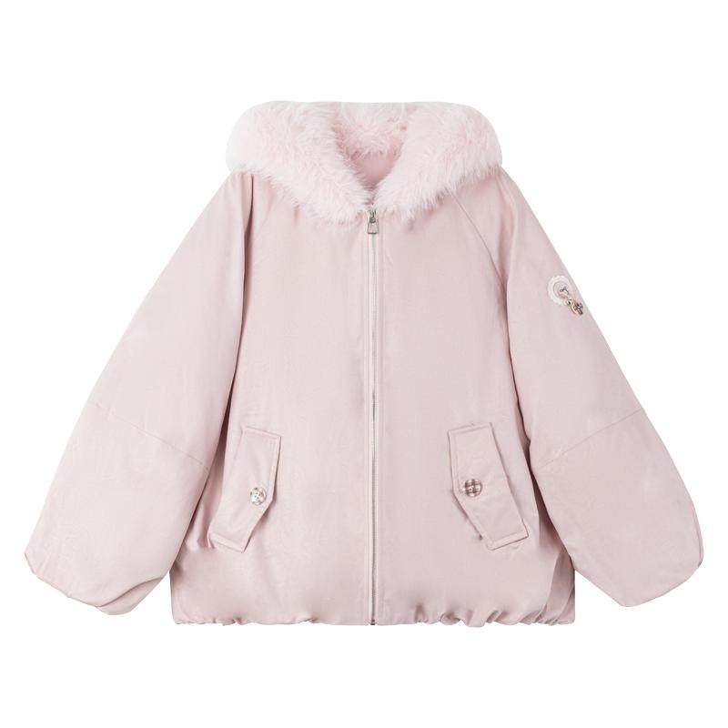 KEIKO粉色环保狐狸毛领派克棉服