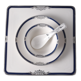 酒店陶瓷摆台餐具三件套套装蓝边餐具包厢餐厅会所饭店碗碟盘套装