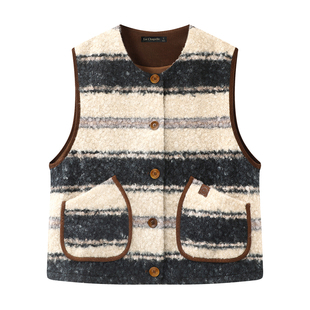 拉夏贝尔/La Chapelle条纹仿羊羔毛马甲女冬季新款保暖坎肩上衣