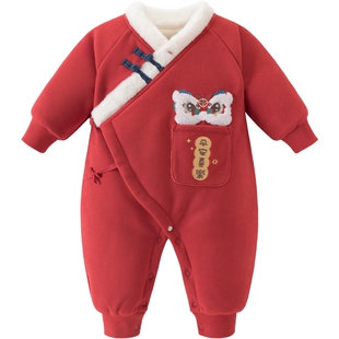 新生婴儿和尚服夹棉连体衣冬天保暖哈衣红色过新年宝宝中式拜年服