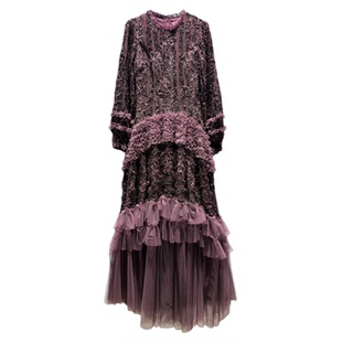 长袖连衣裙重工艺生日礼服订婚高级日常可穿晚礼服大摆裙网纱长裙